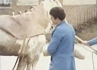 Brunette guy dressed in blue pleasuring horse with a giant fleshlight