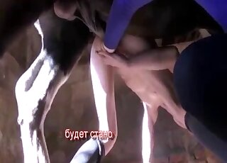 Kinky blonde gives a sloppy blowjob to a horse before zoo intercourse