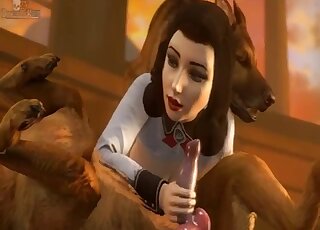 امرأة سمراء ثلاثية الأبعاد تداعب قضيب الكلب أثناء تعرضها للضرب من قبل الراعي الألماني