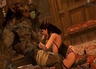 Yennefer puts on slutty lingerie to deepthroat a werewolf's hard cock