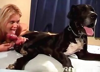 Amazing MILF stretches her pink pussy for her big canine’s pecker